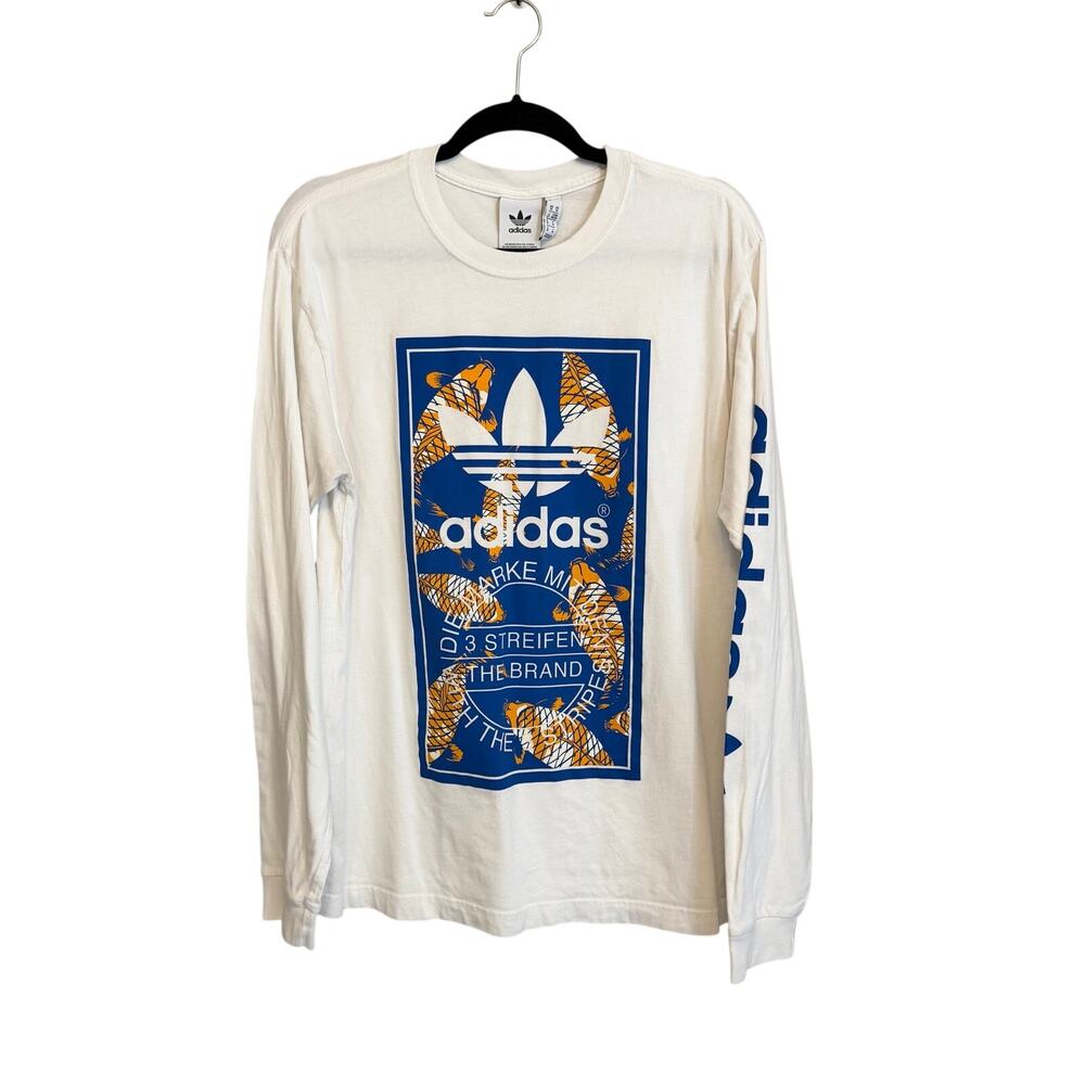 Adidas Long Sleeve Shirt M White Koi Fish Casual Graphic Streetwear Y2K Trefoil